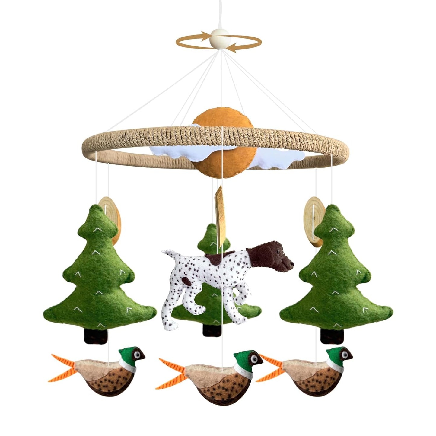 Baby Mobile for Crib Hunting Baby Crib Mobile for Boys Girls Handmade Felt Woodland Nursery Decor Infant Bedroom Hanging Pheasant Dog Hunting Decor for Bassinet Gender Reveal Newborn Gifts