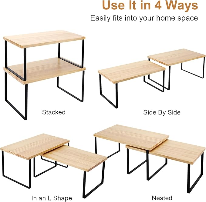 Bamber Large Cabinet Shelf Organizers Solid Wood Spice Rack Organizer for Cabinet Kitchen Countertop Storage, 16.5x10 Inches, Set of 2