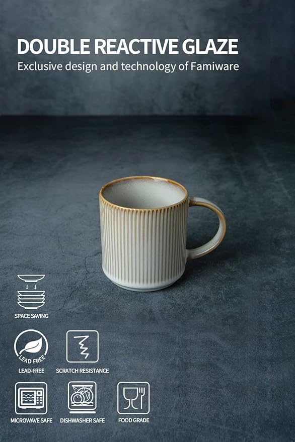 famiware Coffee Mug Set for 6, Star 12 oz Catering Mugs Cup Set with Handle for Coffee, Tea, Cocoa, Milk - Ceramic Stoneware Drinkware Set, Cappuccino White