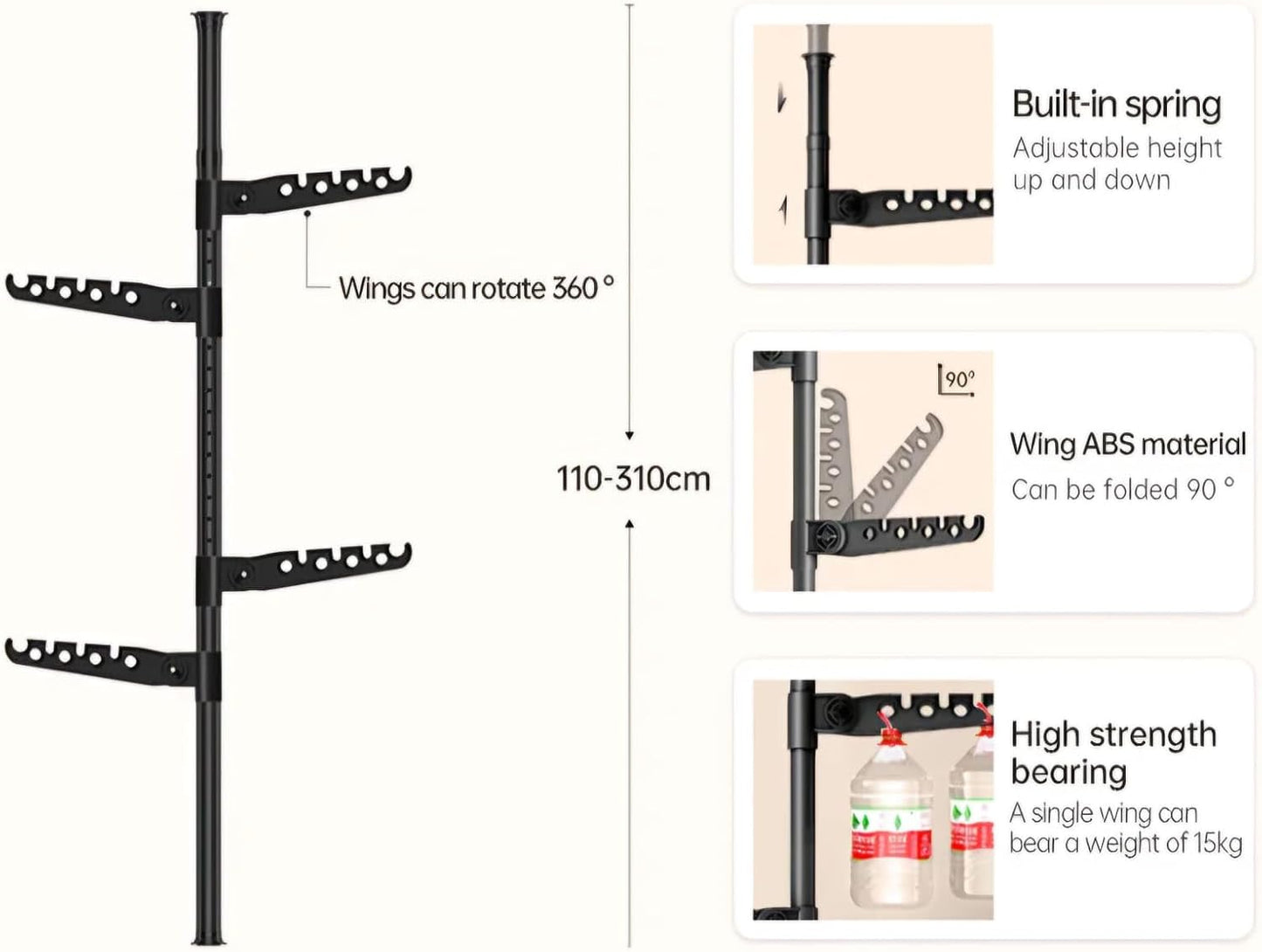 Telescopic Clothes Drying Rack, Floor to Ceiling, 4 Adjustable Arms, 360° Rotating, 43-122 inches, Black