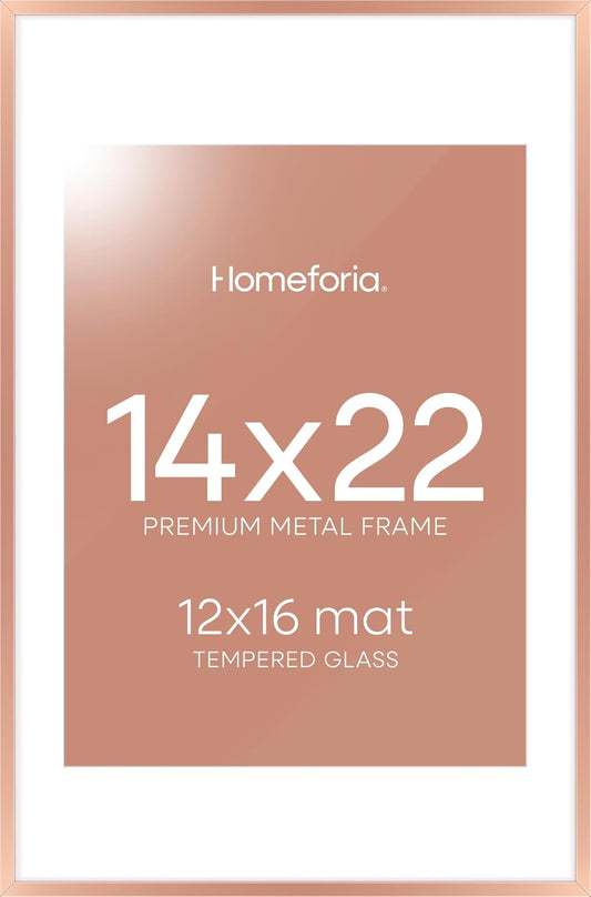 Homeforia 14x22 Picture Frame Rose Gold, High End Metal 14x22 Poster Frames with Mat 12x16 inch Photo, 14 x 22 Rose Gold Frame Matted to 12 by 16 Print, 22x14 Frame, Tempered Glass, Wall Kit, Set of 1
