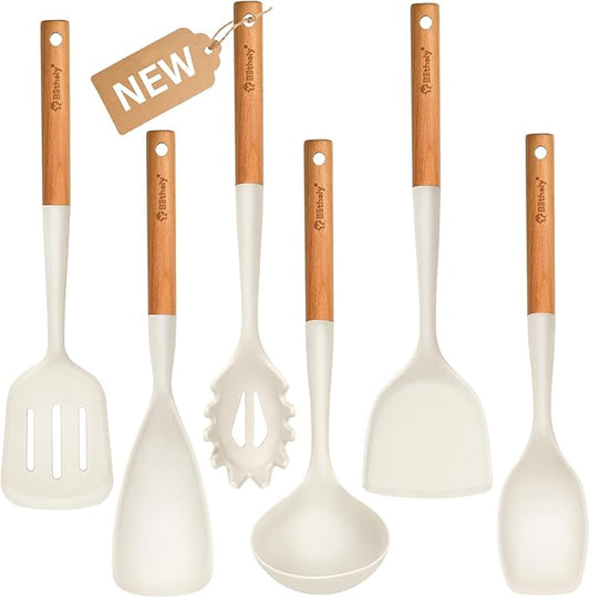 Silicone Cooking Utensils Set, 6 Pack Large Kitchen Utensils Set with Wooden Handle, Heat Resistant Silicone Utensil Spatula Set for Nonstick Cookware, Spatula, Turner, Spoon, Ladle BPA Free (White)