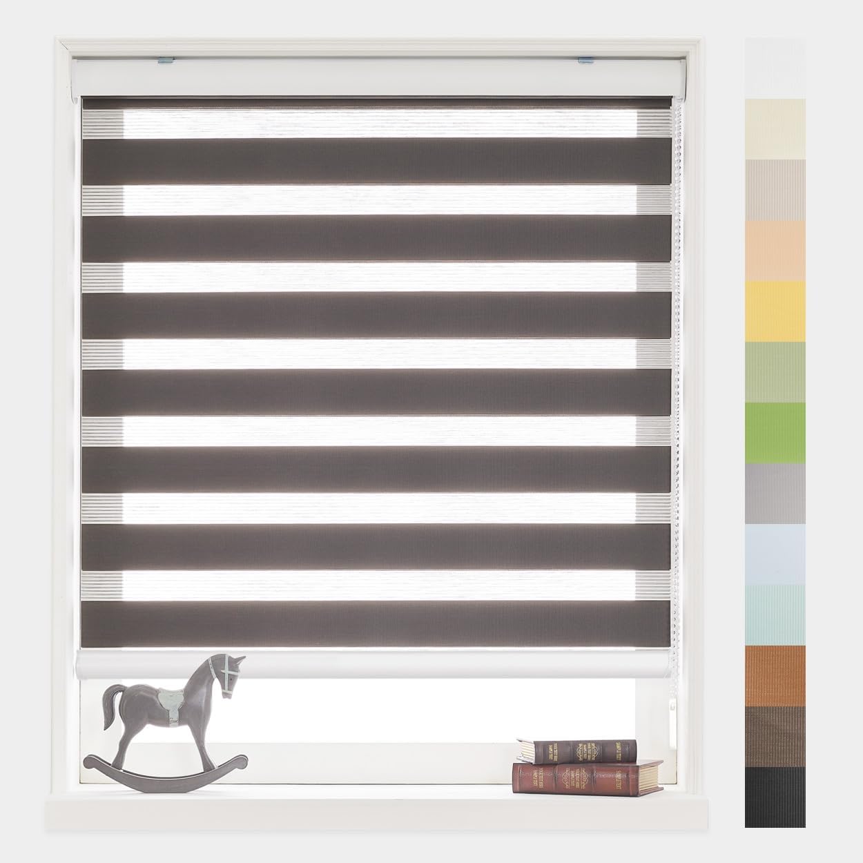 Foiresoft Standard Custom Zebra Roller Blinds for Windows [W10–105 x H10–115 Inch, Mocha, Basic], Light Filtering Dual Layer Shades for Bedroom, Living Room, Office, 13 Colors