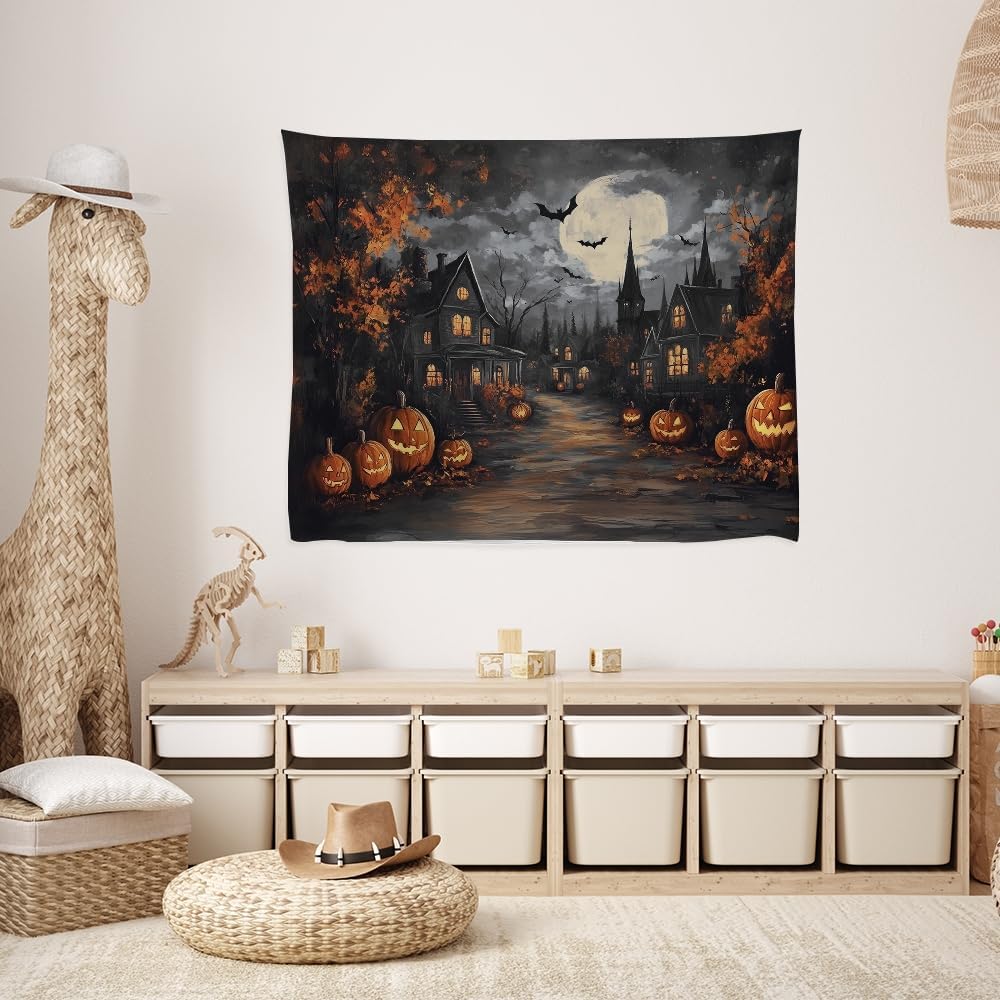 Spooky Halloween Tapestry Haunted Home Bats Pumpkin Tapestry Wall Hanging Dark Academia Fall Full Moon Decor Gothic Ghost Tapestries for bedroom Living Room Decoration 40x60inch