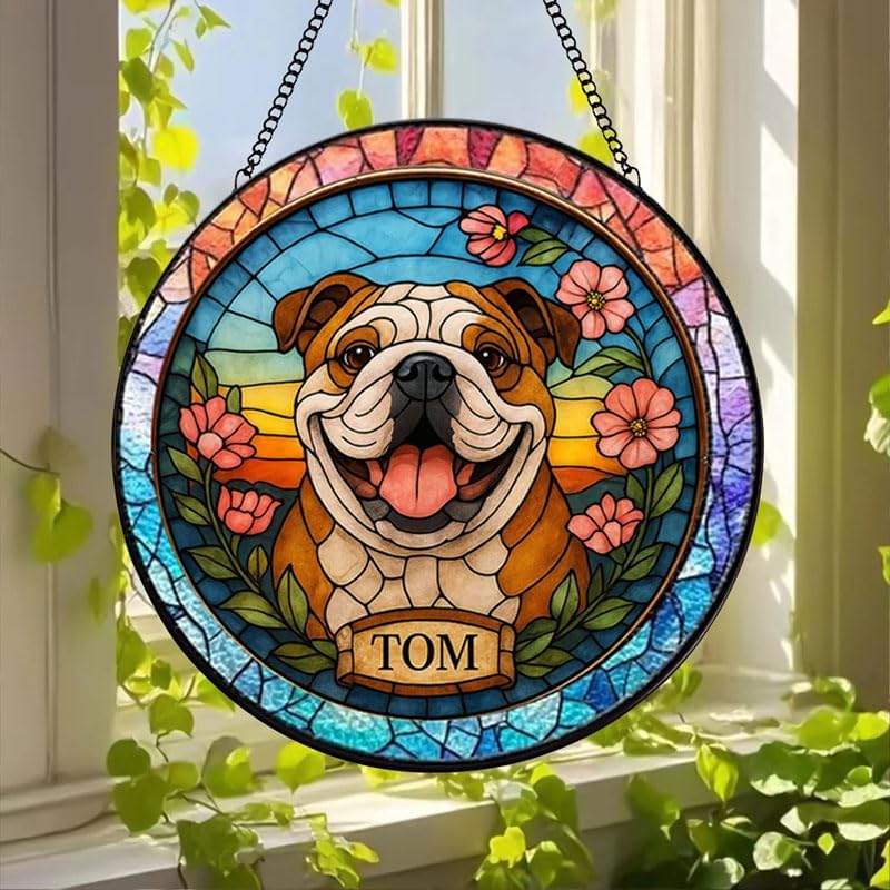 Custom Stained Glass with Pet Portrait & Name, Personalized Window Hanging, Pet Loss Memorial Gift, Dog Lover Keepsake, Unique Home Decoration for Dog Mom & Dad