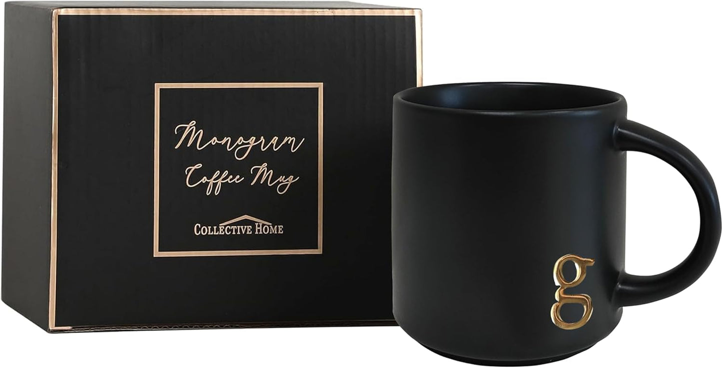 COLLECTIVE HOME - Black Monogram Ceramic Mugs, 15 oz Golden Initial Coffee Cups, Elegant Alphabet Tea Mugs, Personalized Halloween Mug with Gift Box, Perfect for Office and Home Décor (g)