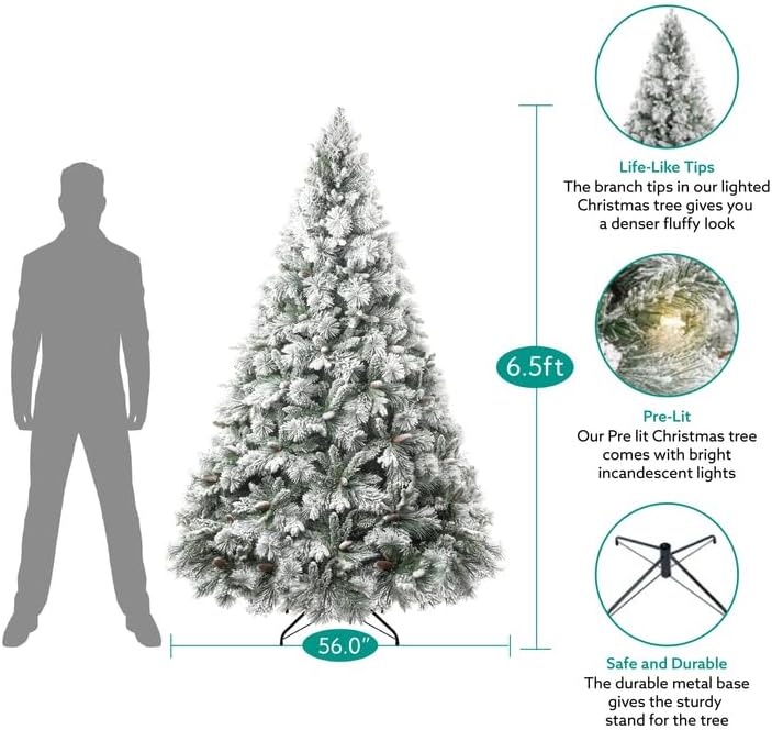 Naomi Home 6.5ft Snow Flocked Christmas Tree with Lights,Realistic Frosted Pine Prelit with Pine Cones, Foot Pedal 1040 Branch Tips, 650 Warm Lights & Metal Stand, Pre Lit Xmas Tree