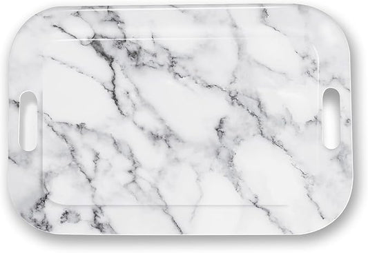 Serving Trays with Handles, 14.5 x 9.8 inch Rectangular Plastic Tray for Restaurant, Kitchen, Gray White Marble