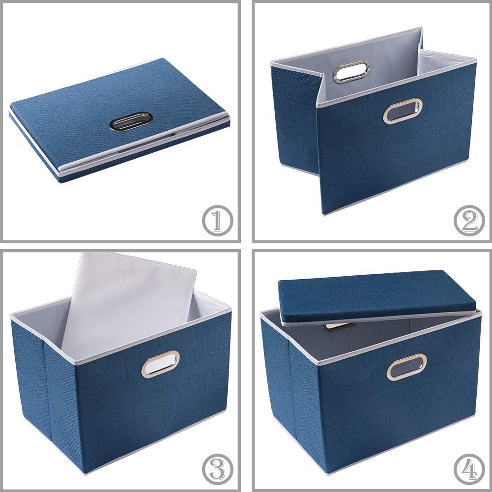 PRANDOM Foldable Storage Bin with Lid [5-Pack] Linen Fabric Decorative Storage Box Organizer Container Basket Cube with Handles Divider for Closet Office Living Room Royal Blue(14.9x9.8x9.8)