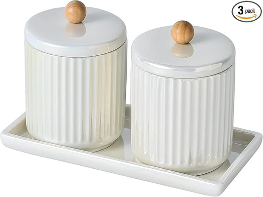 Ceramic Bathroom Canister Set with Coordinating Small Vanity Tray Qtip Holder Dispenser for Cotton Ball,Swab,Pads, Floss, Bathroom Storage Jars with Lids Pearl White