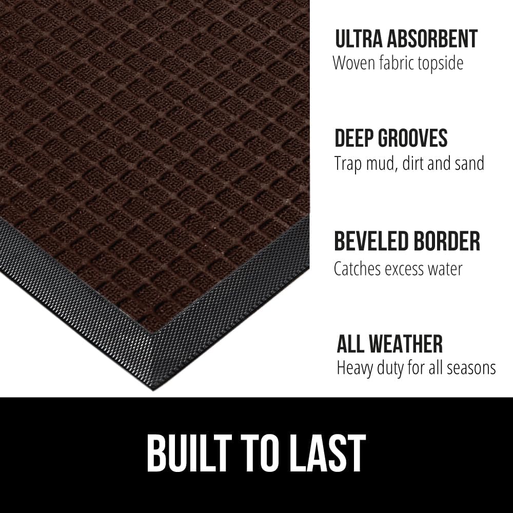 GORILLA GRIP 100% Waterproof All-Season WeatherMax Doormat, 60x24, US Designed Natural Rubber, Stain and Fade Resistant, Low Profile Indoor Outdoor Door Mats, Easy Clean Patio Mat, Coffee Squares