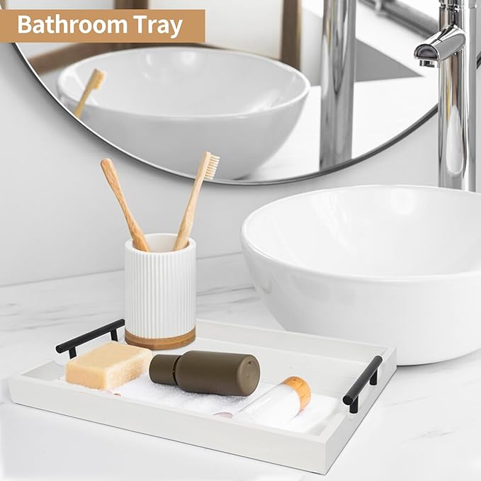 Coffee Table Tray - Large Ottoman Tray for Living Room - Wood Serving Tray with Handles(2 Sets) - Wooden Tray for Coffee Table, 4 Round Coasters Included, White