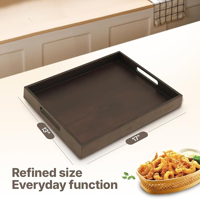 Koppen Acacia Wood Serving Tray with Handles, 17" x 13.86", Large Wooden Platter for Breakfast, Ottoman Tray for Party, Snacks, Fruit, Coffee Table, Living Room, Sofa, Bed, Outdoor