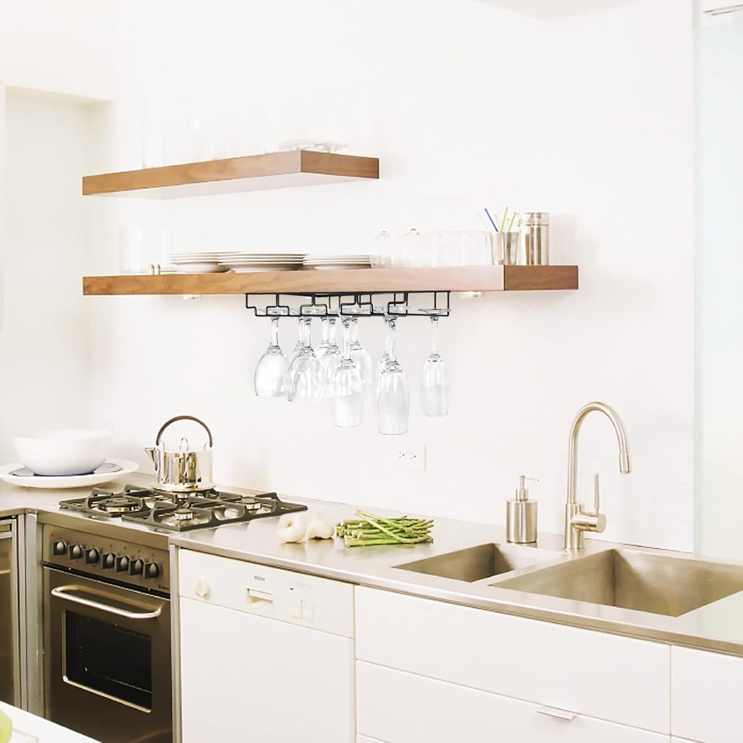 4 Rows Wine Glass Rack Under Cabinet Hanging Stemware Wine Glass Holder Under Shelf Wire Wine Glasses Racks Hanger for Bar, Kitchen (1, 4 Rows)