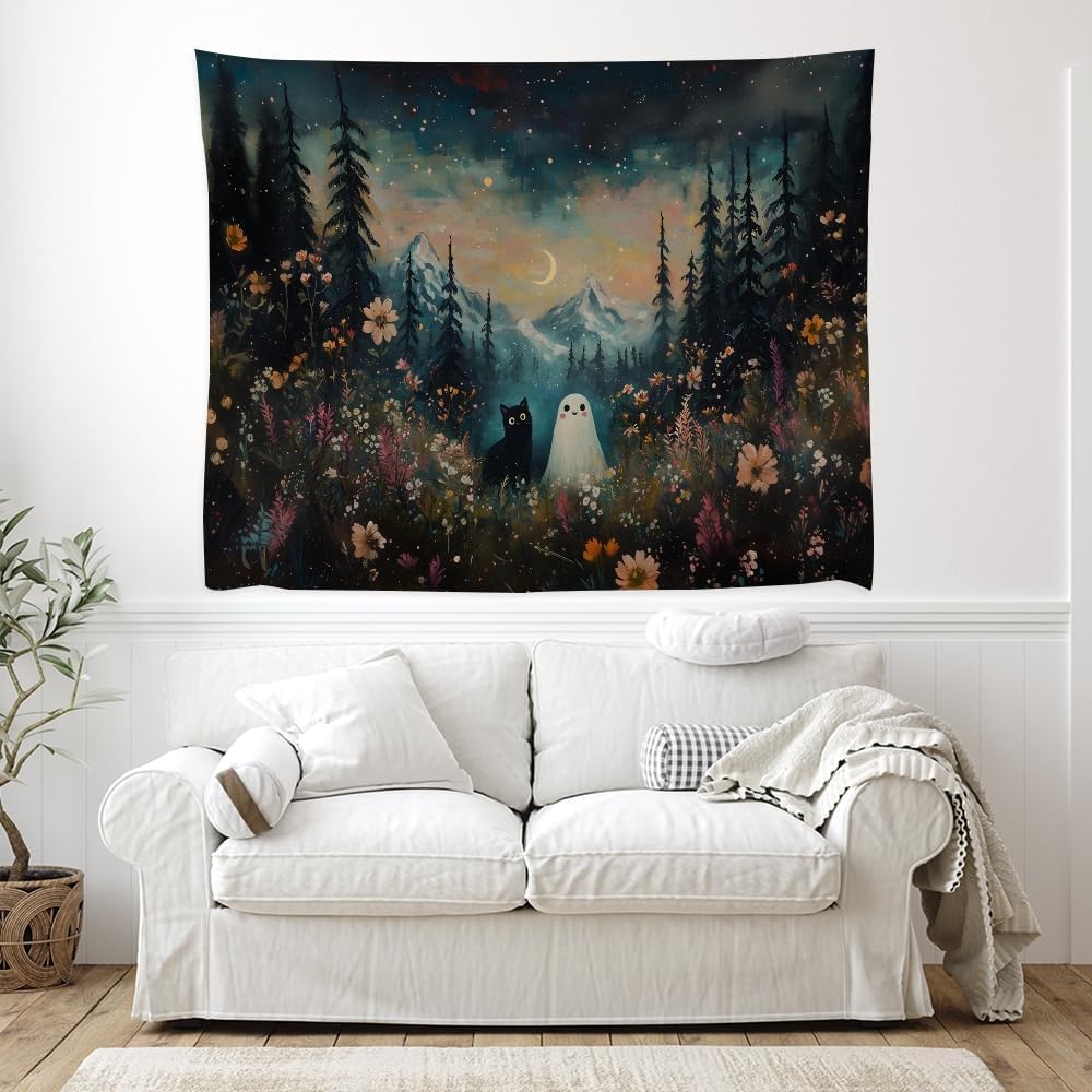 Whimsical Halloween Tapestry Wall Hanging Ghost and Black Cat in Magical Forest Wildflowers Meadow Tapestry Art Print Charming Spooky Fall Season Tapestries for Living Room Bedroom Decor 70x90inch