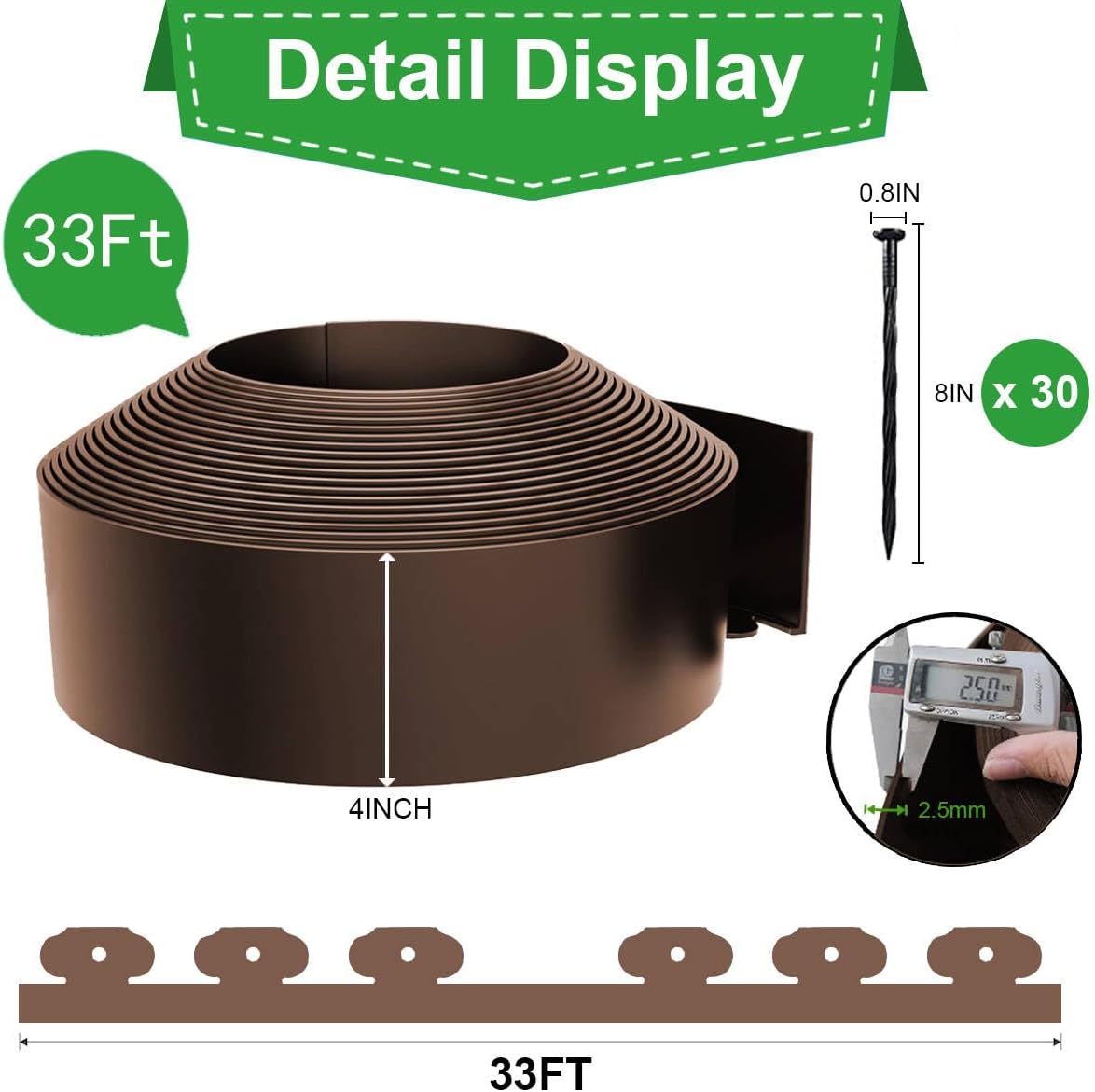 Landscape Edging,33ft x 4inch Tall Plastic Garden Edging Border with 30 Spikes,Lawn Edging for Landscaping Flower Bed,Yard,Patio-Coffee