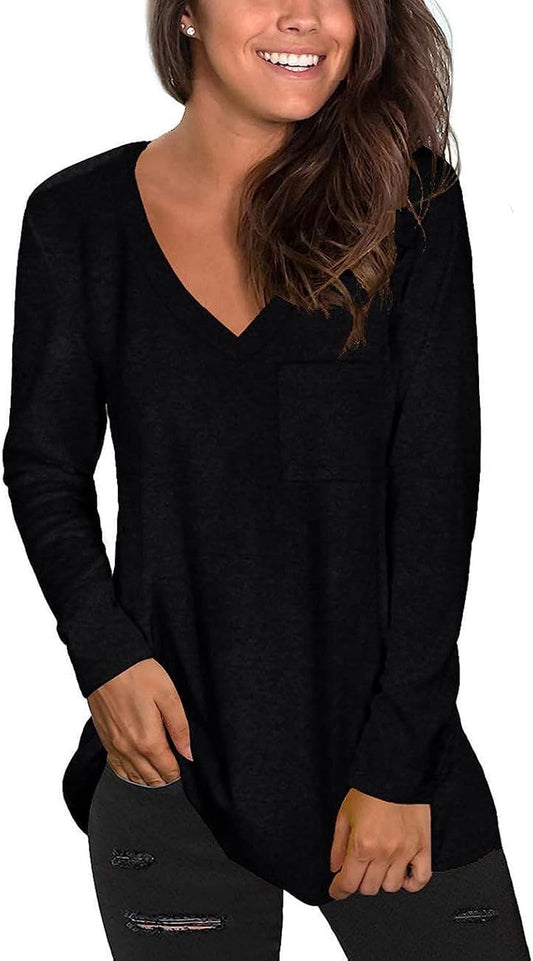 Tobrief Women's Long Sleeve V-Neck Shirts Fall Graphic Tees Loose Casual T-Shirt