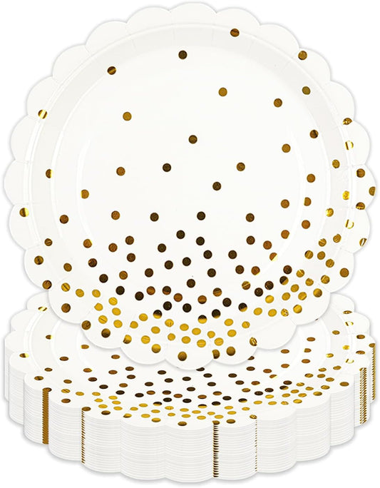 50PCS White and Gold Paper Plates, 7 Inch White Scalloped Party Plates Disposable Dessert Plate Cake Plate for Wedding Engagement Baby Shower Birthday Dinner