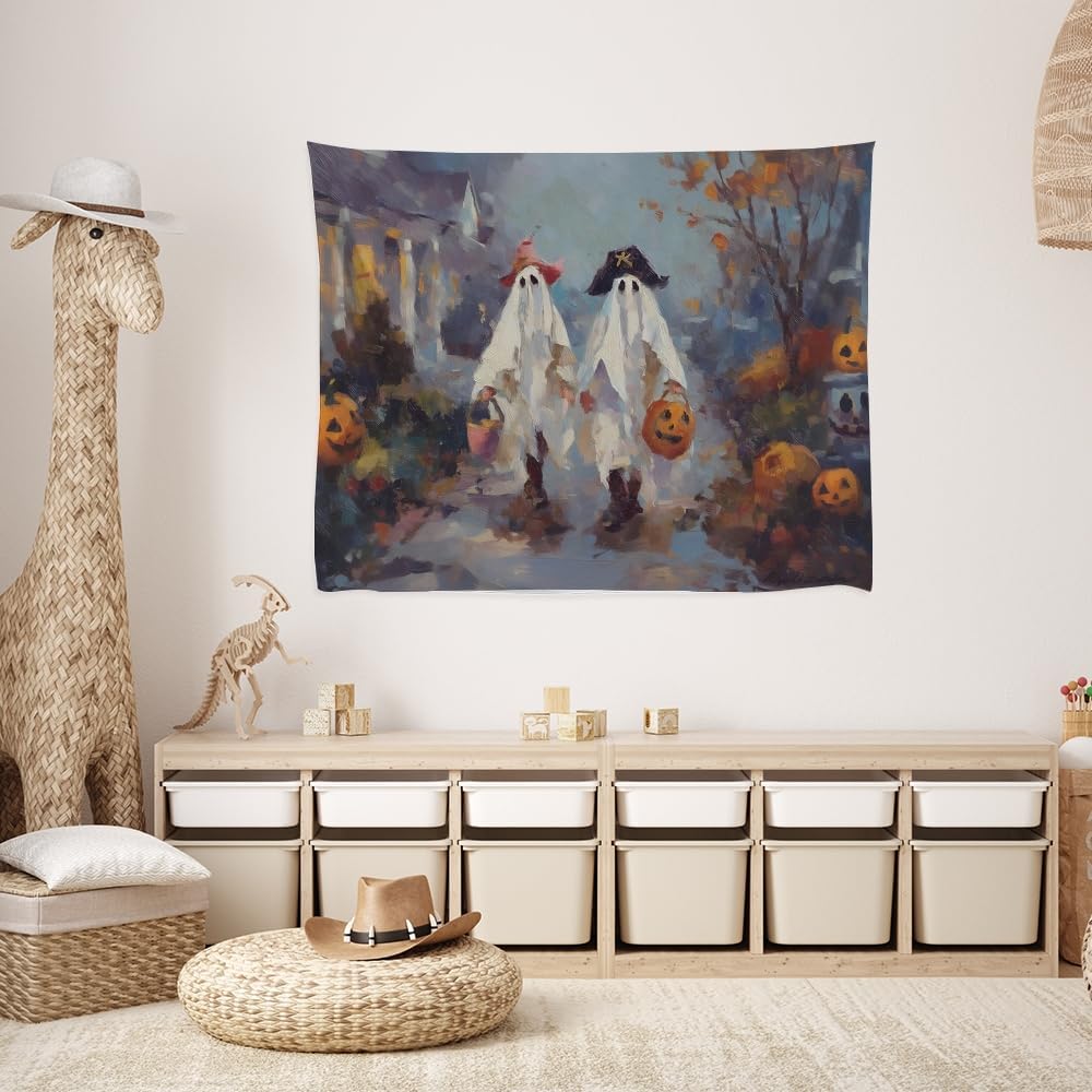 Funny Halloween Ghost Tapestry Wall Hanging Cute Kids Nursery Room Decor Trick or Treat Art Print Goth Fall Pumpkin Ghost Tapestries for Living Room Bedroom wall Decor 70x90inch