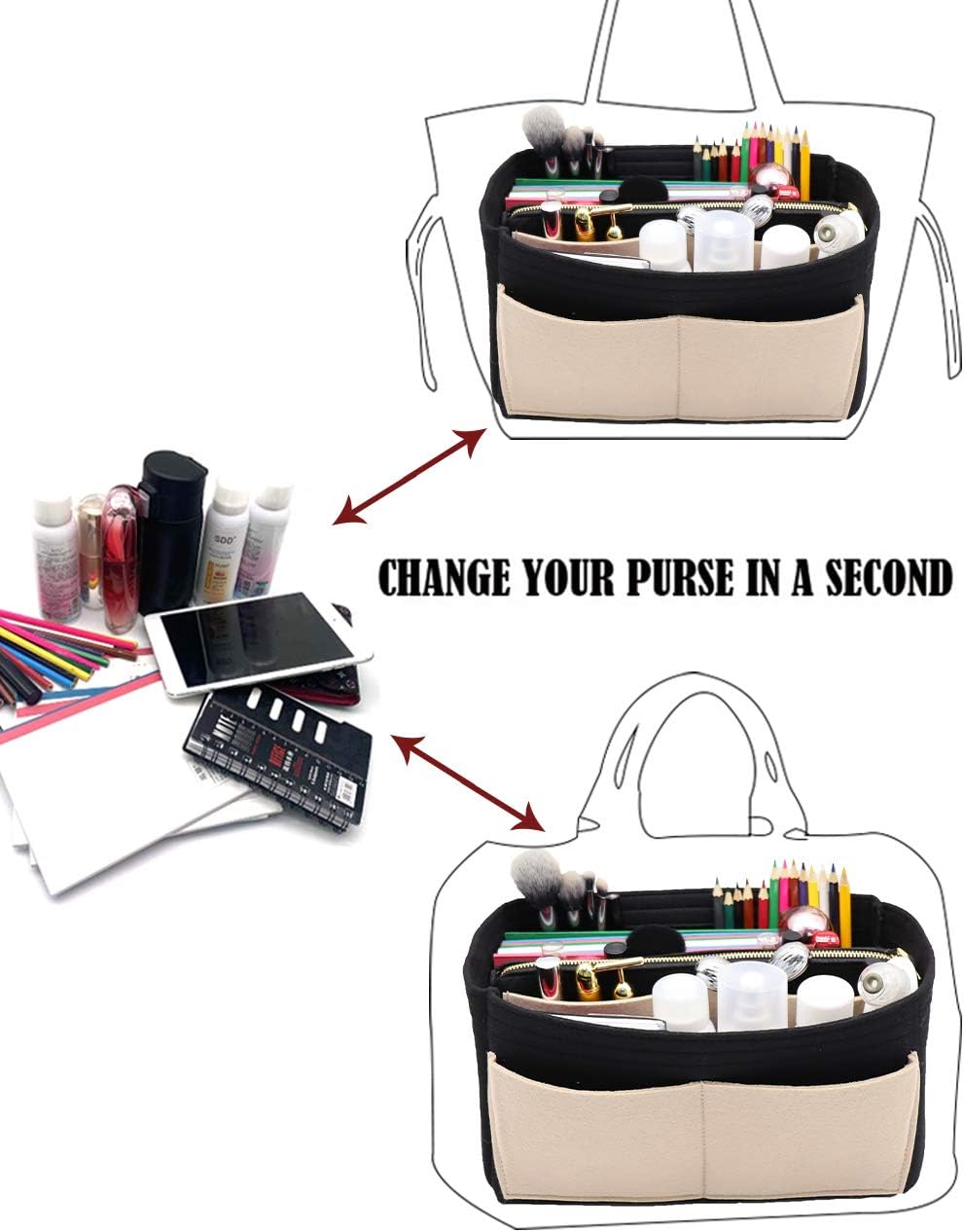 LEXSION Felt Purse Bag Organizer Insert with zipper Bag Tote Shaper Fit Speedy Neverful PM MM