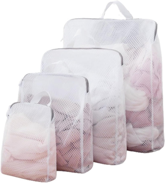GWT 4Pcs 3D Mesh Laundry Bags with Hanging Handles (S/M/L/XL) - Durable Zippered Wash Bags for Delicates, Shoes & Bulk Clothes - Space-Saving Foldable Design
