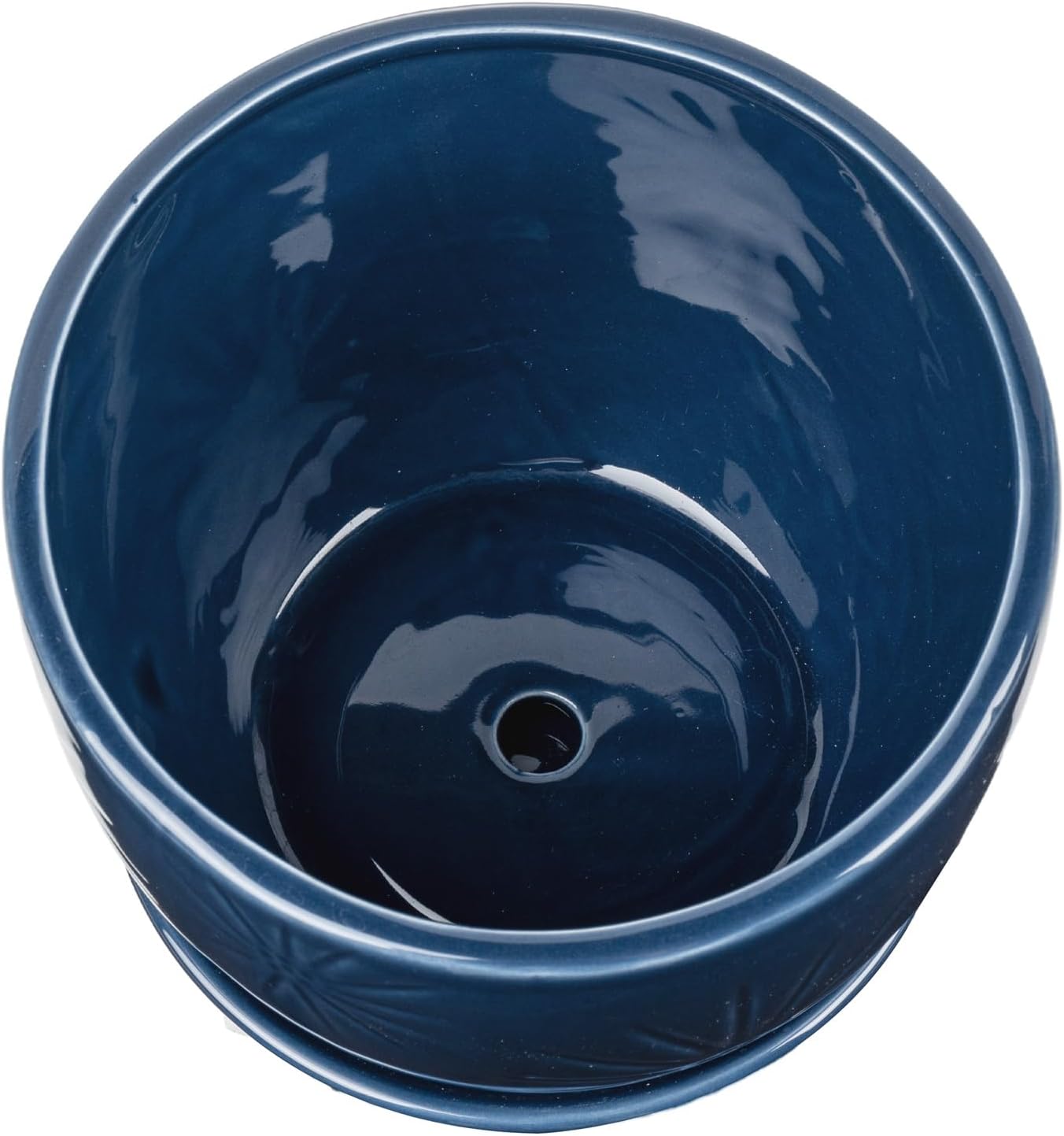 MyGift 7 Inch Round Blue Ceramic Plant Pot with Drainage Hole and Attached Saucer, Modern Decorative Embossed Sunburst Planter Container for Indoor Home Garden