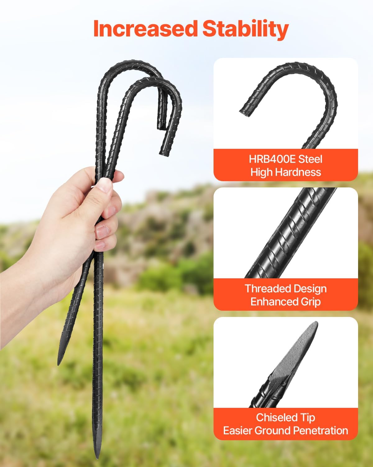 VEVOR Rebar Stakes, 16-Inch, Heavy-Duty 0.4 in Diameter J Hook, Galvanized Steel Ground Anchors with Chisel Point End & Rust-Resistant Coating, for Gardening Support, Fence, Camping Tents (16-Pack)