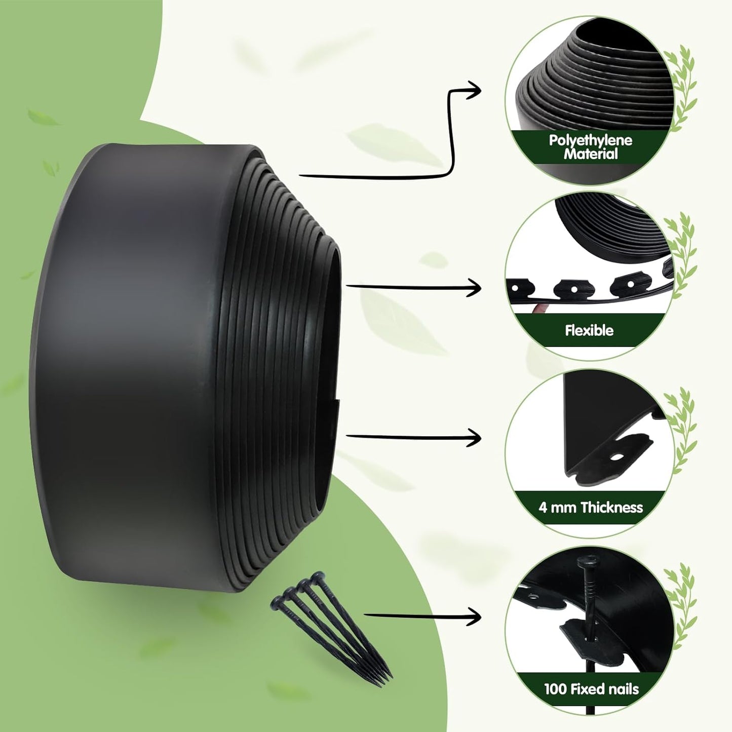 Landscape Edging - 2 Inch x 33FT Garden Border with 100 PCS Spikes, Plastic Lawn Edging for Flower Bed, Pathway and Yard(Black)