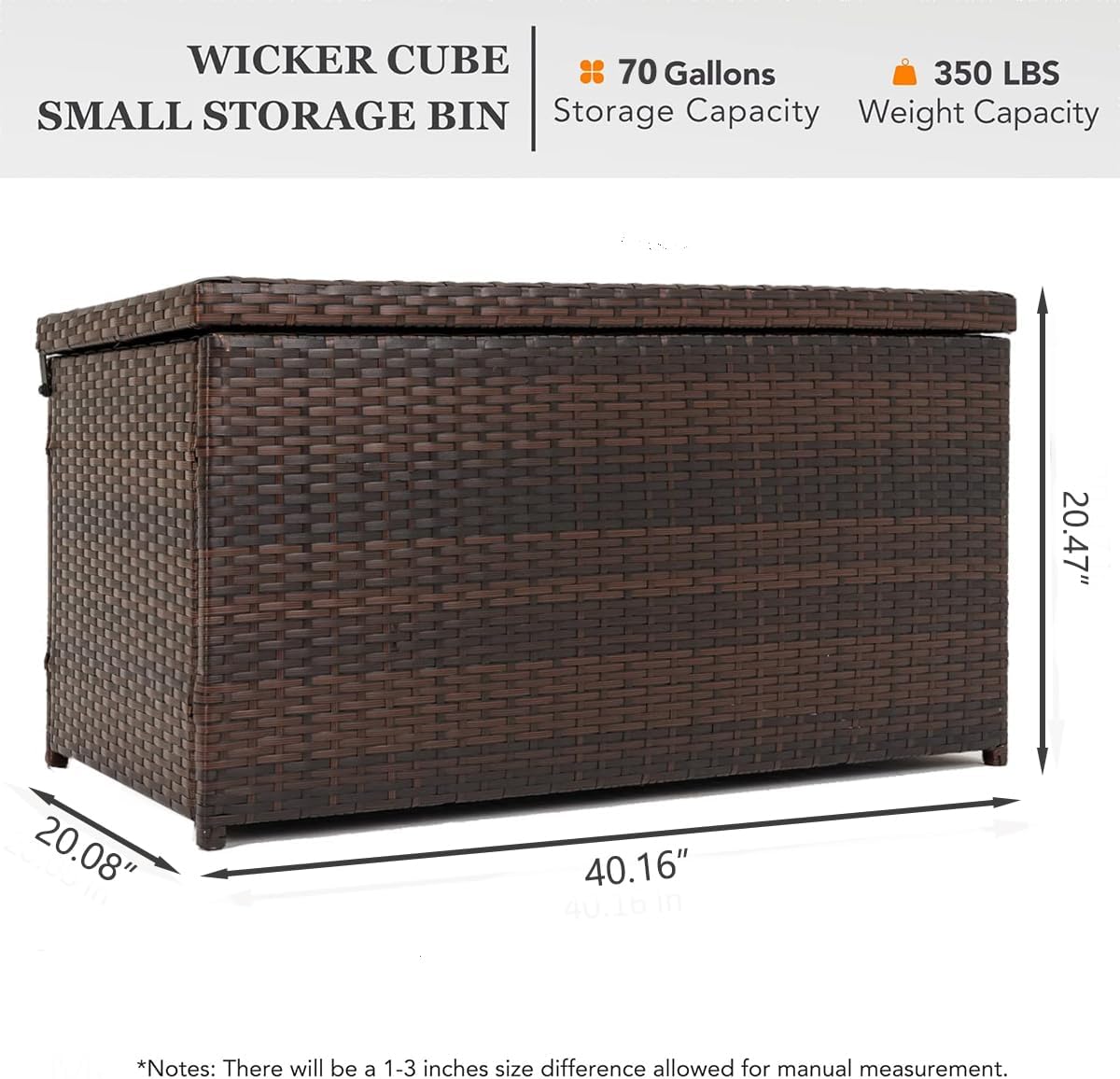 Outdoor 70 Gallon Wicker Storage Box with Waterproof Liner, Patio PE Rattan Storage Container for Outside, Deck Box with Hinged Lid for Cushions, Pillows, Towels, Horizontal Bin, Brown