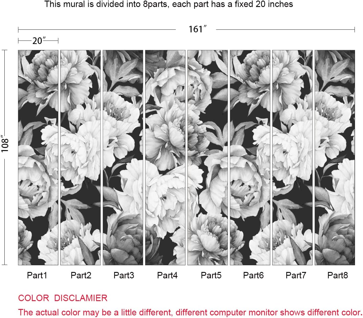 Black and White Peonies Wallpaper Watercolor Floral Mural Wallpaper for Bedroom Living Room (Not Peel n' Stick)