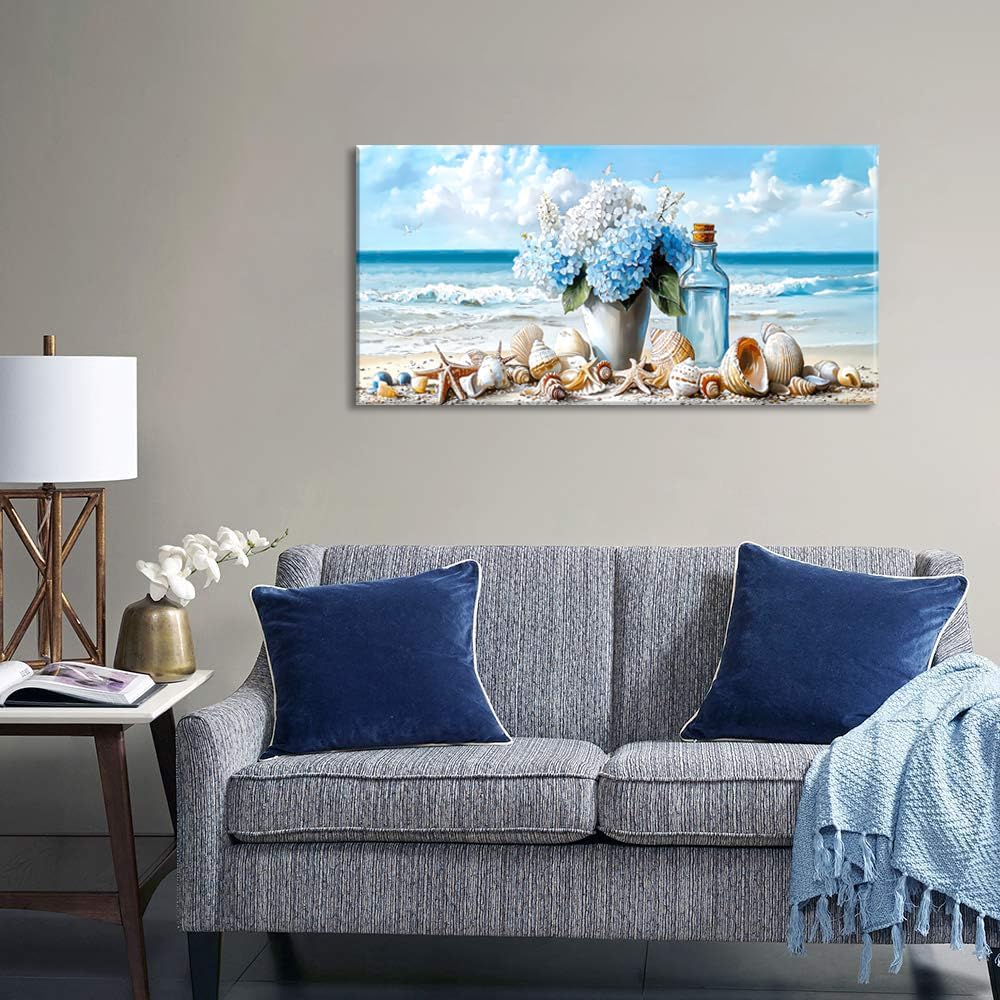 LASMOND Romantic Beach Wall Art for Living Room Blue Shells Conch Vase Canvas Prints Modern Large Flower Bottle Bedroom Ocean Artwork Decor (30x16 Inches)
