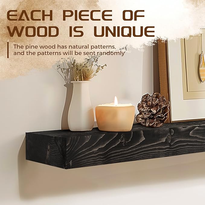 48x7x3 Fireplace Mantel - Solid Rustic Wood - Wall Mounted Floating Shelf with Invisible Heavy Duty Steel Bracket (Weathered Black)