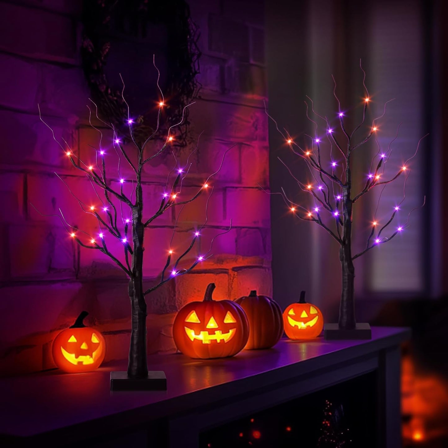 Halloween Decorations Indoor,2 Pack 2FT Birch Tree with 24 Orange and Purple LED Lights,Black Spooky Halloween Tree for Holiday Party,Tabletop Decor for Home,Office,Christmas,Fireplace,Mantle