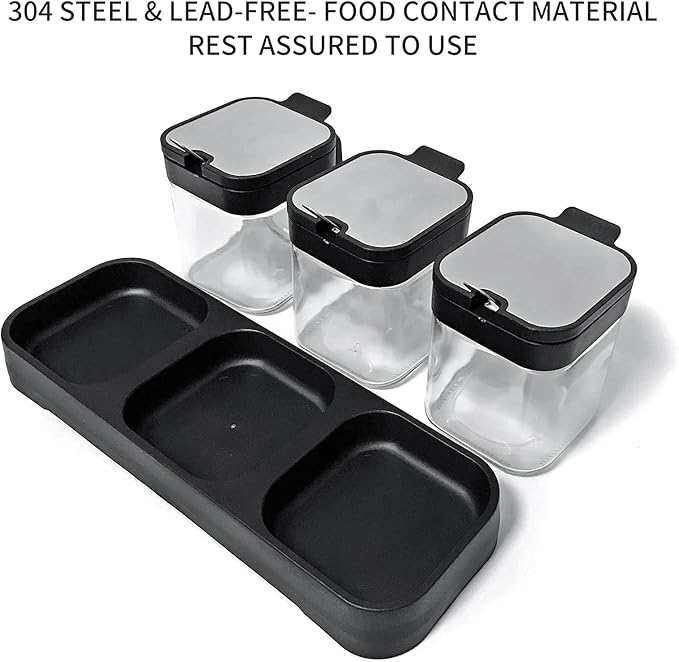 XIUDI Glass Spice Jars(3 piecesset)，Seasoning Containers with 304 Stainless Steel Lids and Spoons，Clear Glass Condiment Canisters Pots Seasoning Box Salt Container Sugar Bowl，for Kitchen,