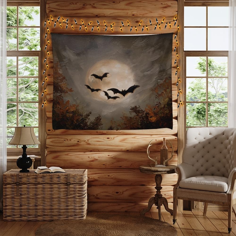 Spooky Halloween Bats Dark Academia Full Moon Autumn Leaves Wall Hanging Vintage Haunted Home Artwork Gothic Witchy Ghost Tapestries for bedroom Living Room Decor 60x80inch