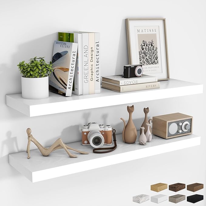 RICHFOCUS 40Inch Floating Shelves for Wall 2 Pack Shelves for Bedroom|Kitchen|Bathroom Wall Mounted Rustic Wood Floating Shelf with Invisible Brackets for Books|Storage|Decor, White