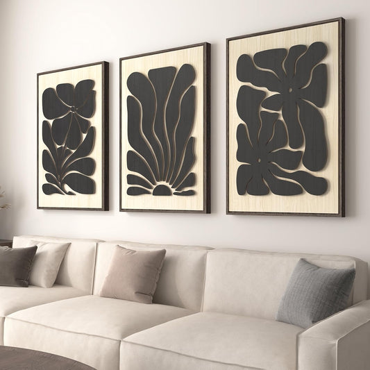 Framed Textured Wood 3D Wall Art for Living Room, Large Boho Floral Black and Beige Artwork for Walls, 3 Piece Abstract Bohemian Flower Wood 3D Art for Office Bedroom Hallway Wall decor, 24x36 Inch