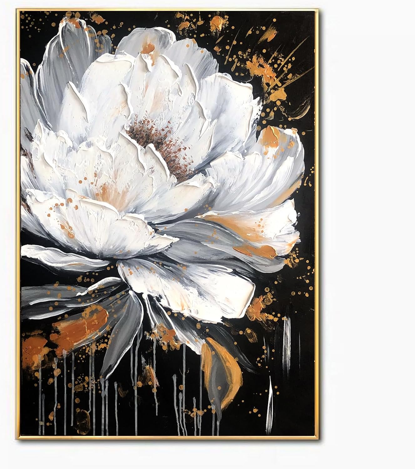 Framed White and Black Flower Wall Art for Study,Hand Painted Floral Oil Painting for Bedroom,Modern Textured 3D Artwork Office Kitchen Decor 28x40inch