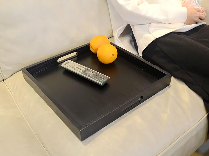 Square Wood Serving Tray with Handle, Ottoman Decorative for Home, 16x16 inches Black