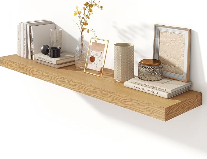 Deep Floating Shelves for Wall - 55 Inch Wide x 12 Inch Deep Wall Shelves Set of 1 - Rustic Oak Color Wood Shelves for Living Room, Bathroom, Laundry Room, Bedroom, Kitchen, Home Office