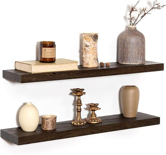 Rustic 30" Floating Shelves, Real Elm Wood Floating Shelf for Wall, Heavy-Duty Wall Shelves for Books, Wooden Floating Shelves with Invisible Bracket for Bathroom, Kitchen, Walnut Color, Set of 2