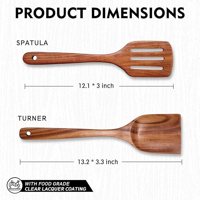 Wooden Spatulas for Cooking Non-Stick Kitchen Pan Toolset 2 PCS Set, Natural Teak Kitchen Utensils,Smooth Finish Utensils Fried Spatula,Turner Non-Stick Wooden Cooking Utensils