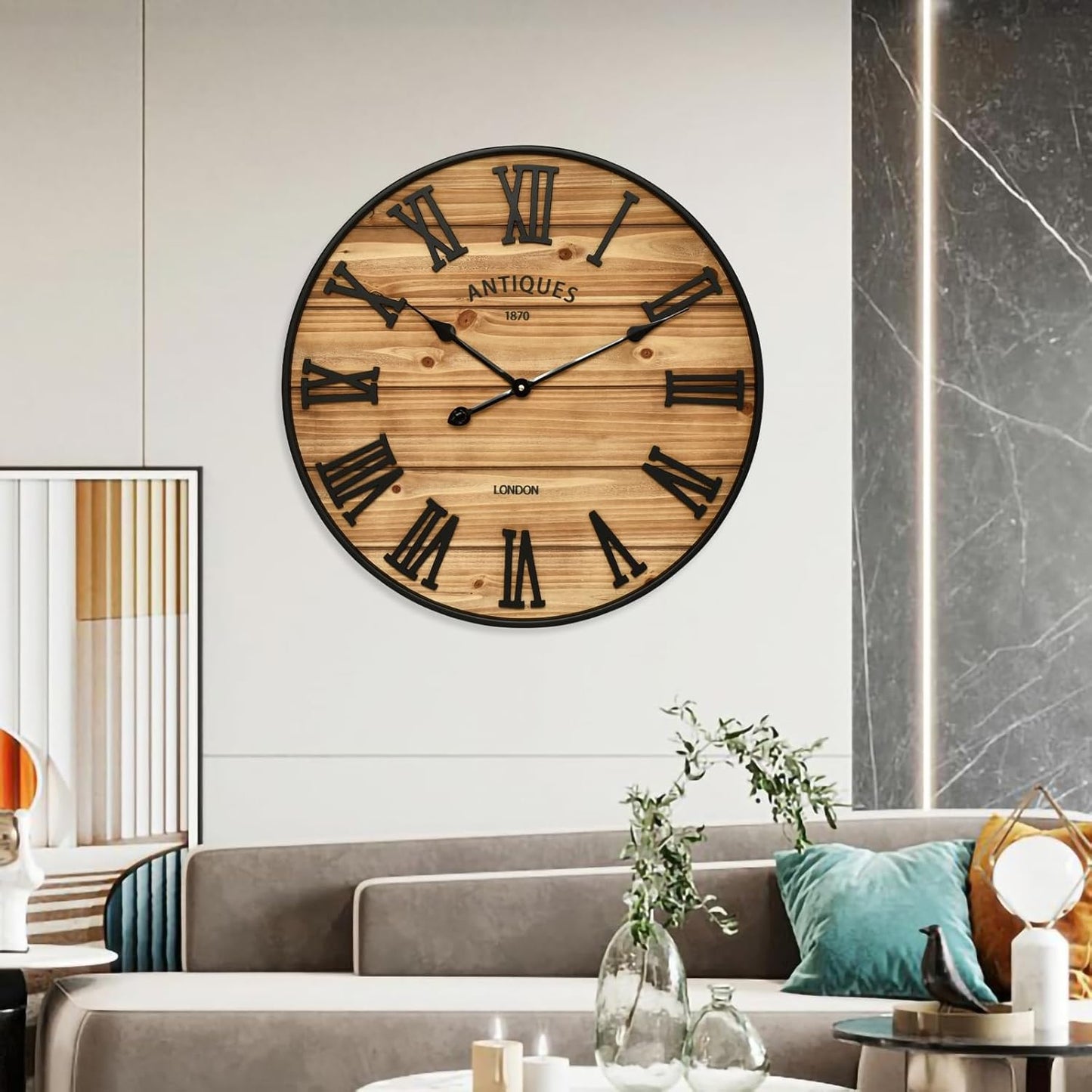24 Inch Farmhouse Wall Clock - Antique Rustic Wood Finish, Silent Battery-Operated Timepiece with Stylish Decor for Home, Office, Kitchen, Bedroom & Living Room