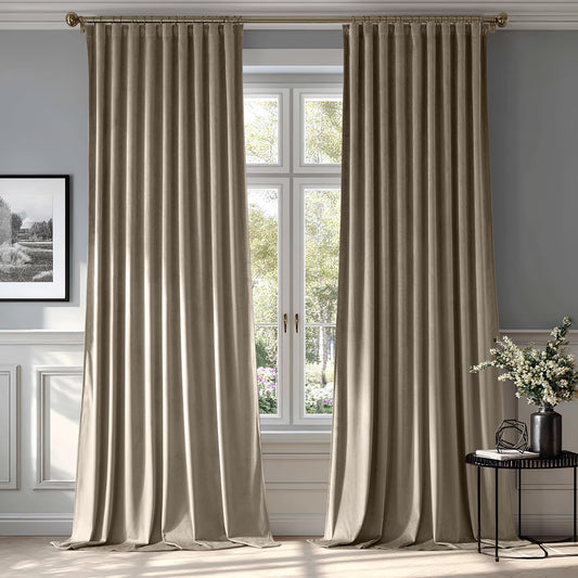 MIULEE Taupe Velvet Curtains 108 inches 2 Panels - Luxury Room Darkening Window Drapes for Bedroom Living Room Thermal Insulated Super Soft Blackout Extra Long, Back Tab Rod Pocket Pinch Pleated