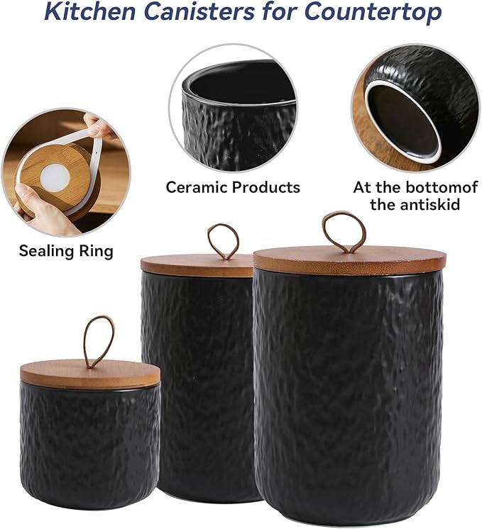 Kitchen Canisters for Countertop, Ceramic Coffee Canisters with Airtight Lids Food Storage Jars Sugar Container for Kitchen Counter Tea, Coffee Beans, Spice (#001Black-9oz/260ml)