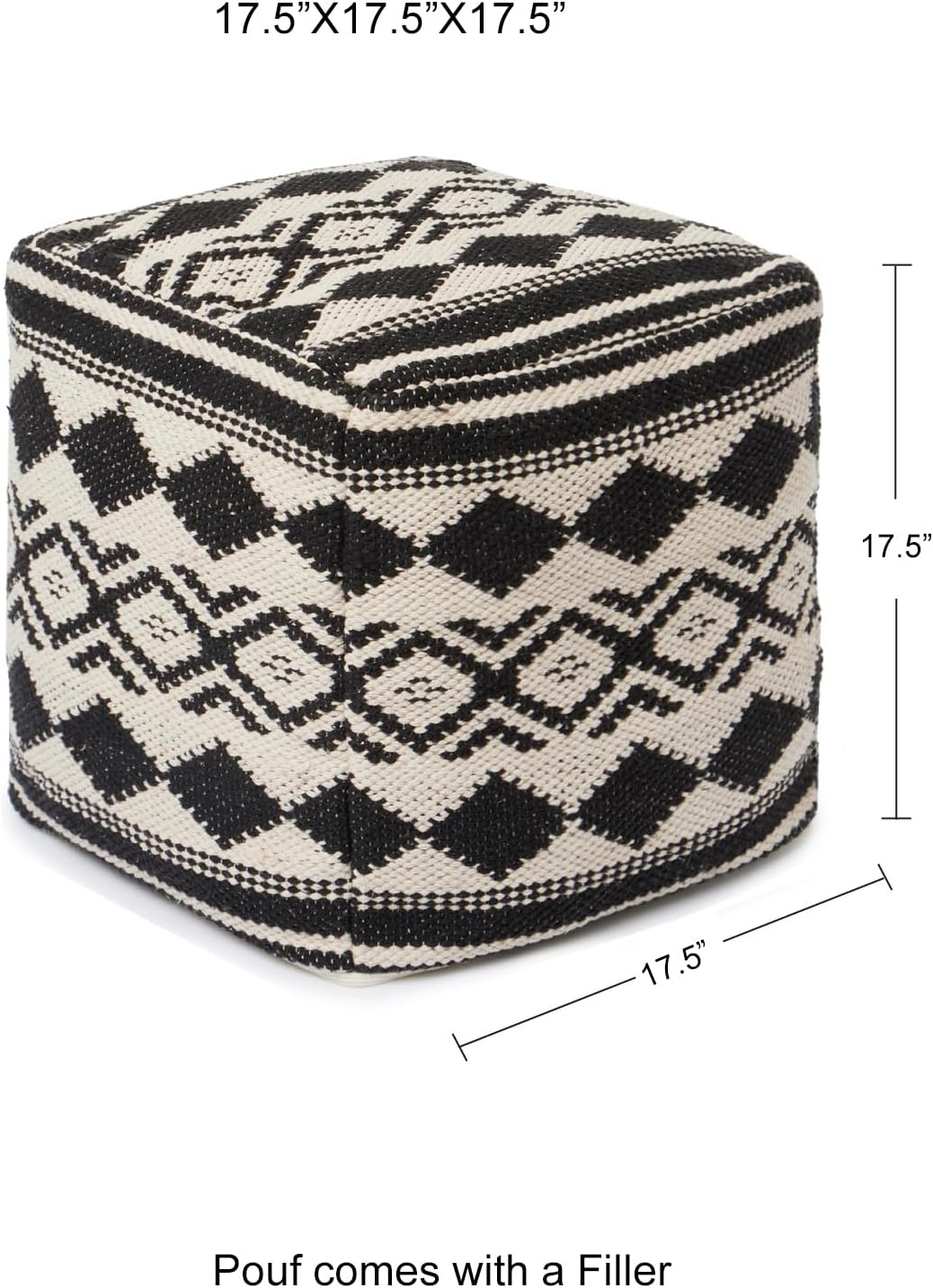 REDEARTH · Tufted Pouf Ottoman with Filler Textured Storage Cube Bean Bag Pouffe Footrest for Living Room, Bedroom, Nursery, Kidsroom; 100% Cotton (17.5"X17.5"X17.5", Linear Diamond Black)