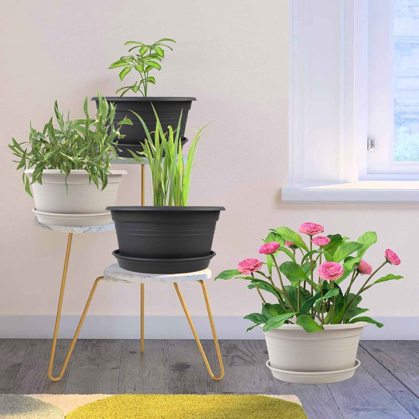 Large 4 Pack 13 inch Plant Pots, Round Plastic Pots for Plants, Outdoor Planters with Drainage Hole & Tray Saucer, Decoration Large Flower Pots for Indoor Outdoor Garden Home Plants (Beige)