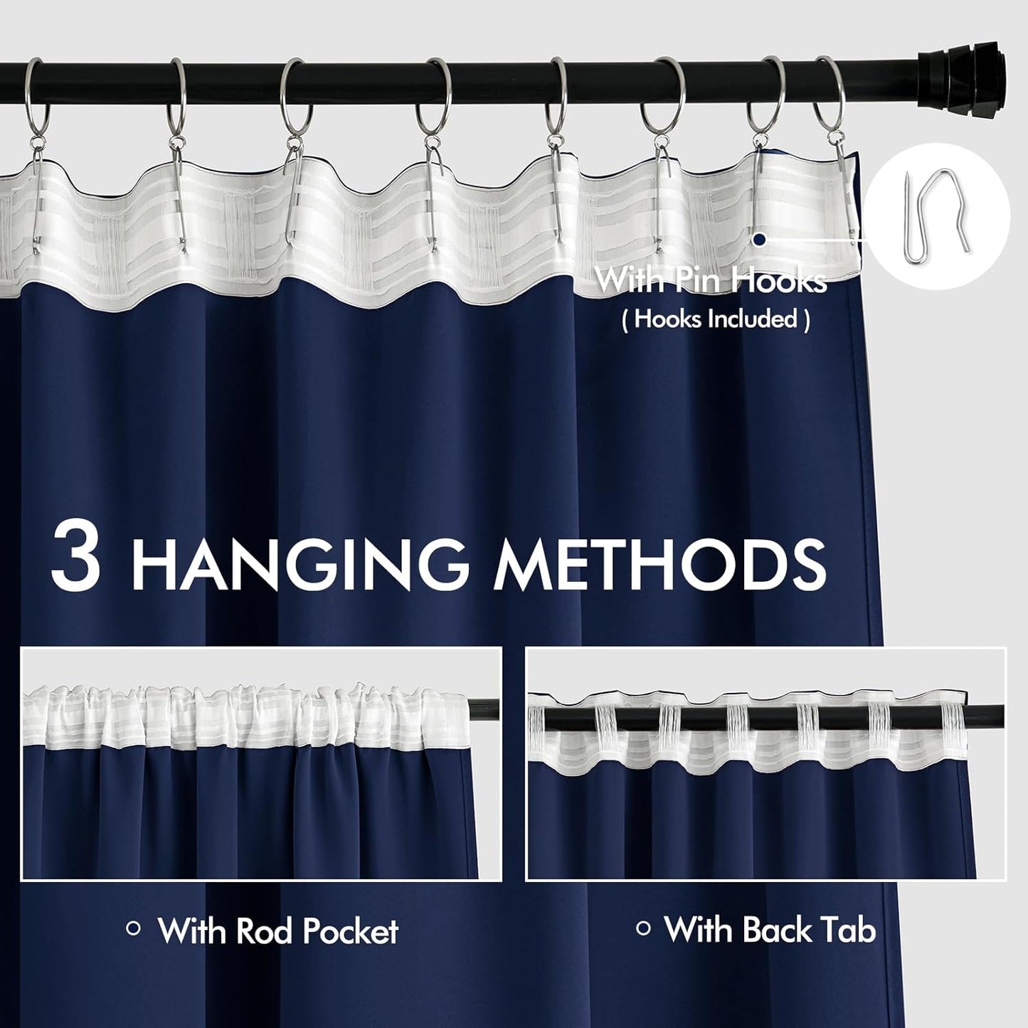 MIULEE Navy Blue Back Tab Blackout Curtain 96 Inch Long 2 Panels Set for Bedroom, Rod Pocket/Pinch Pleat Thermal Insulated Living Room Darkening Pleated Light Blocking Floor to Ceiling Drape