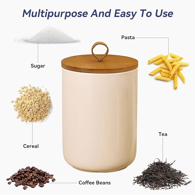 Large Ceramic Storage Jars, Modern Elegant Highly Polished Airtight Gorgeous Storage Canisters with Wooden Lid Food Storage Jar for Kitchen Spice Tea Vanilla Sugar Coffee Beans (Khaki)