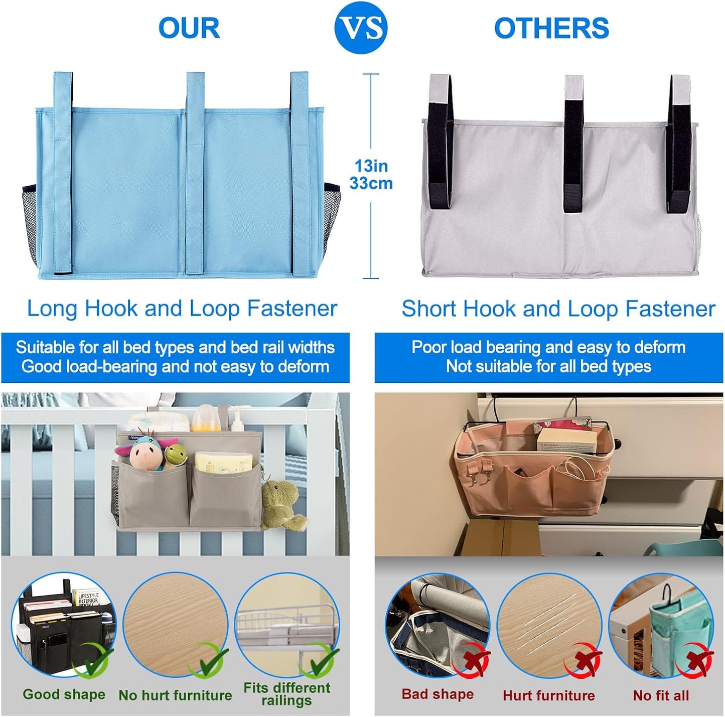 Surblue Bedside Caddy Hanging Bed Organizer Storage Bag Pocket for Bunk and Hospital Beds, College Dorm Rooms Baby Bed Rails, Camp 8 Pockets, (Large, Skyblue)